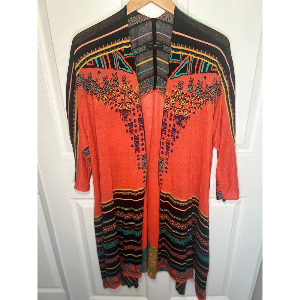 IVKO Coatigan Intarsia Pattern 2XL 3XL Cinnabar Orange Linen Blend Open Cardigan